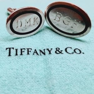 Tiffany & Co. Blue Enamel Oval Cuff Links With Different Size & Engraved Initial